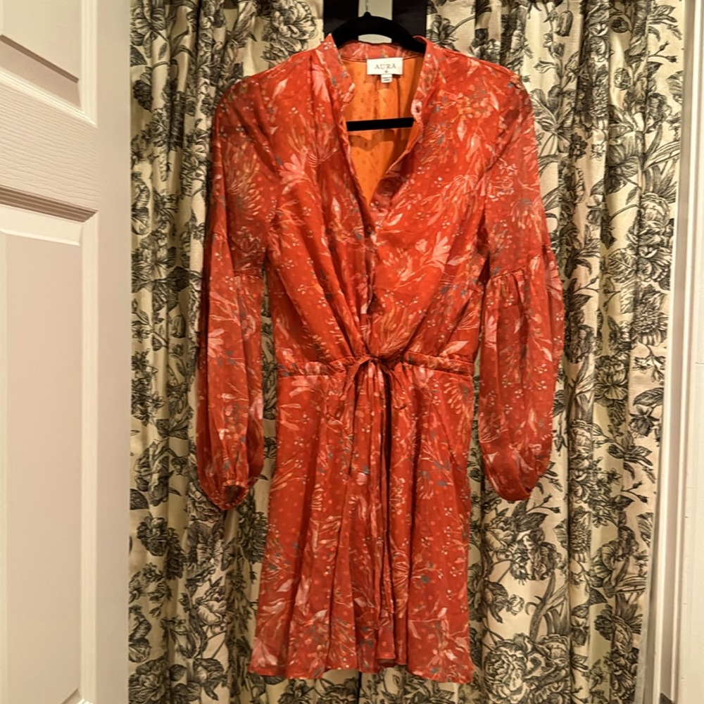Orange base fall dress with adjustable waist, button up.